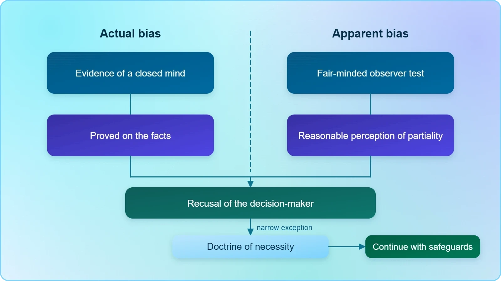 A two-column comparison diagram: actual bias requires evidence of a closed mind, apparent bias asks how a fair-minded observer would view the matter, and the doctrine of necessity can permit continued participation.