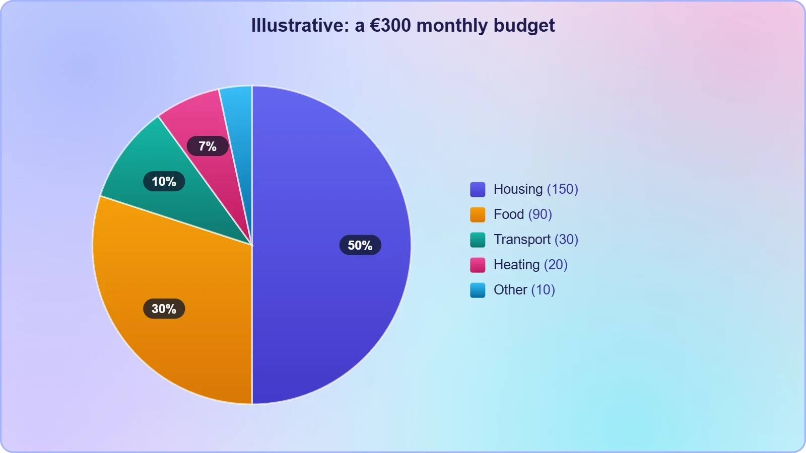 A pie chart in which rent takes the largest share of a €300 monthly budget, food and transport take most of the rest, and a tiny sliver remains for dignity, leisure and contingency.