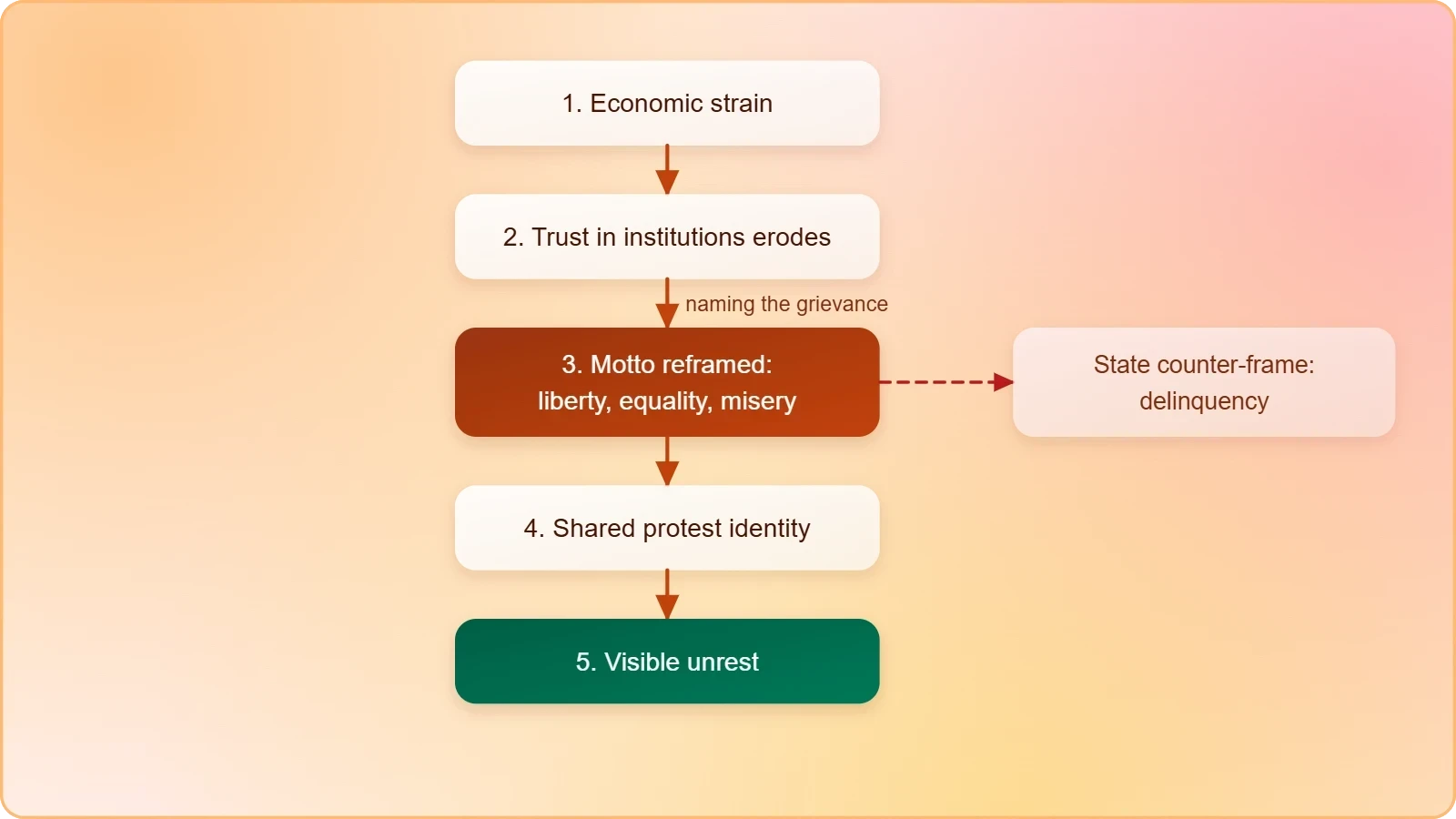 A flow diagram showing household economic strain feeding into lost trust in institutions, which is then compressed by the 'liberty, equality, misery' framing into a shared protest identity, and finally into visible unrest; a side branch shows the state's framing of events as delinquency.